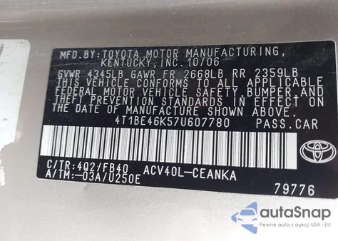 2007 Toyota Camry Ce/Le/Xle/Se from USA, damaged, VIN 4T1BE46K57U607780